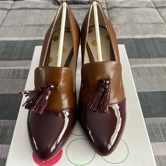 Boden “Lottie” High Heel Loafer in Dk Tan/Burgundy Leather size 7.5M - Picture 4 of 5